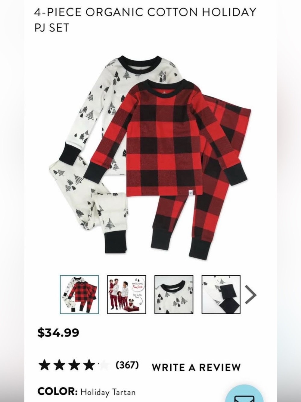 NWT 4T Honest Baby Clothing 4-piece pajama set